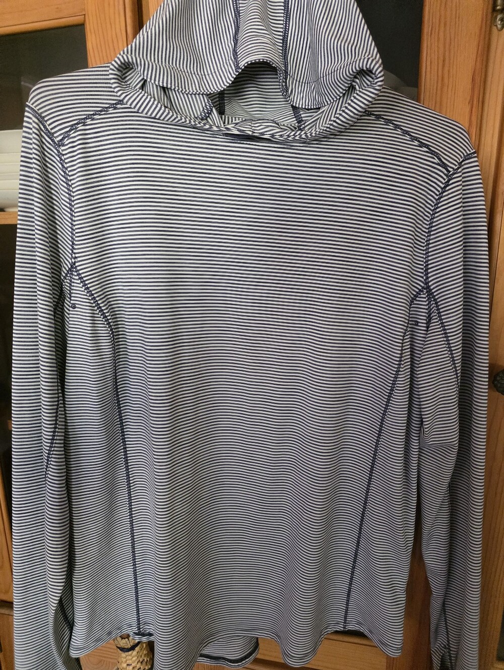 Duluth Trading Navy and White Striped Hooded Top